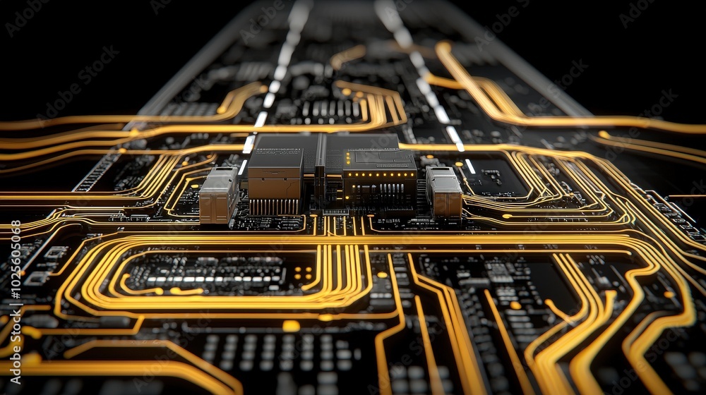 Poster futuristic circuit board with glowing lines and processors