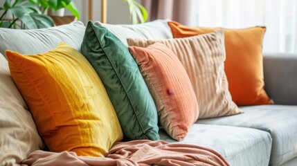 Colorful Cushions on a Cozy Sofa in Bright Living Room