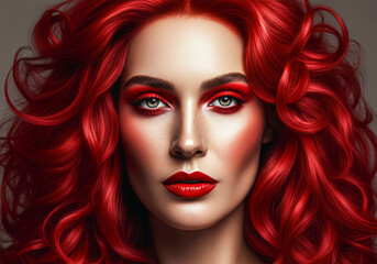 Vibrant redhead glamour portrait - striking makeup and hairstyle for fashion concepts