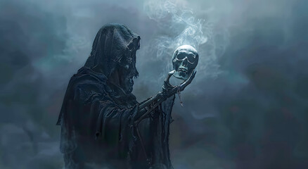 Spooky silhouette of a hooded reaper holding a skull in misty fog. Symbolizing death, darkness, and the afterlife. Haunting atmosphere, perfect for horror or Halloween themes