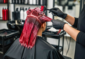 Hair coloring process in modern salon with professional stylist using red dye