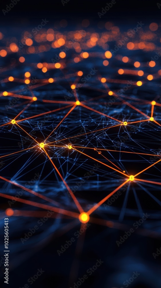 Poster produce a digital artwork depicting a network traffic analysis by ai, showcasing glowing algorithms 