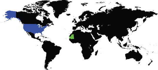 Mauritania and United States maps on a global map vector