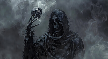 Obraz premium Spooky silhouette of a hooded reaper holding a skull in misty fog. Symbolizing death, darkness, and the afterlife. Haunting atmosphere, perfect for horror or Halloween themes