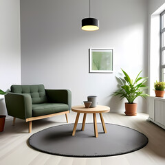 Modern interior design with light empty mock-up wall and gray furniture, loft and vintage of living room. Armchair, table with green plant in pot, round carpet on floor, on white wall background