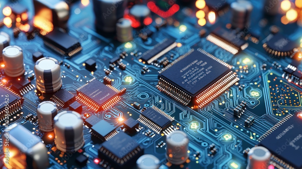 Poster close up of circuit board with integrated circuits and components