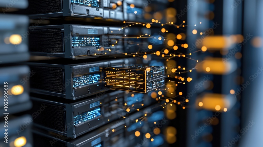 Poster data center server rack with connected network lights modern technology concept