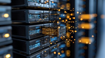 Data Center Server Rack with Connected Network Lights   Modern Technology Concept