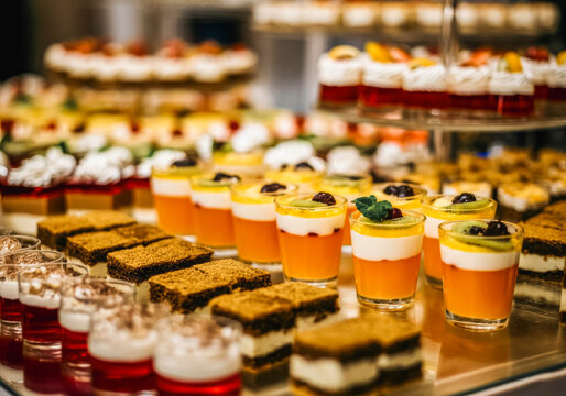 Decadent dessert buffet display with assorted pastries and sweet treats for catering