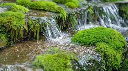 Lush Green Moss with Flowing Water in Nature