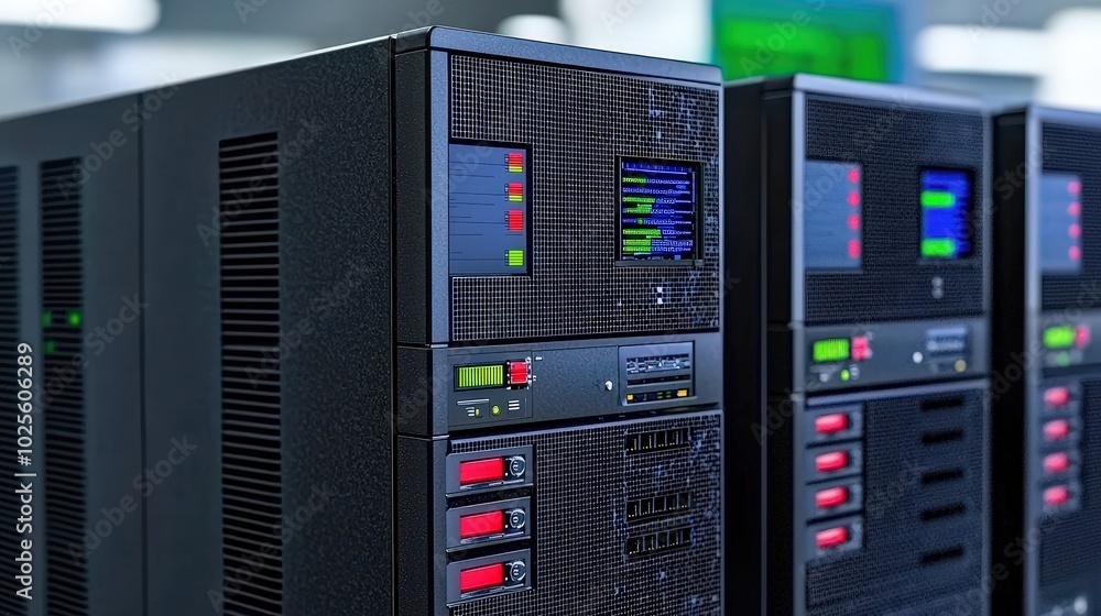 Poster data center server racks with digital display and lights