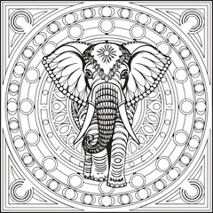 A coloring page featuring an elegant mandala elephant