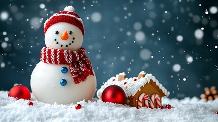 Obraz premium Cheerful Cartoon Snowman with Colorful Decorations