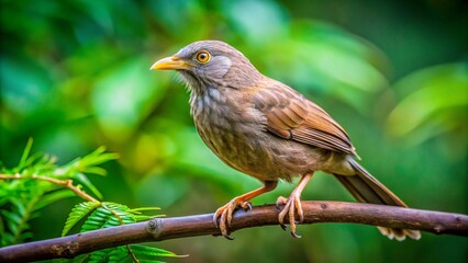 Fototapeta premium Jungle Babbler Bird Perched on Branch in Lush Greenery with Natural Habitat Background Scene