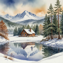 Watercolor illustration of the Adirondack Mountains in New York during winter.