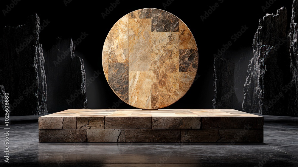 Poster stone platform with circular signboard mockup minimalist product display