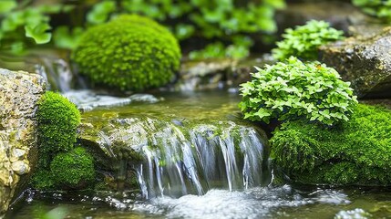 Tranquil Stream Flowing Over Mossy Rocks