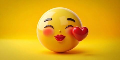 Kissing Face Emoji with Heart Illustration on Yellow Background for Engaging Digital Designs