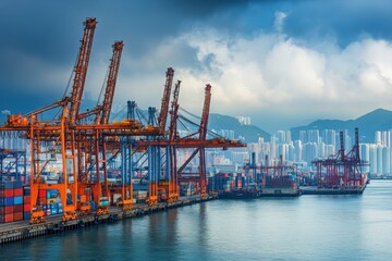 Fototapeta premium Busy shipping port with container cranes, with copy space