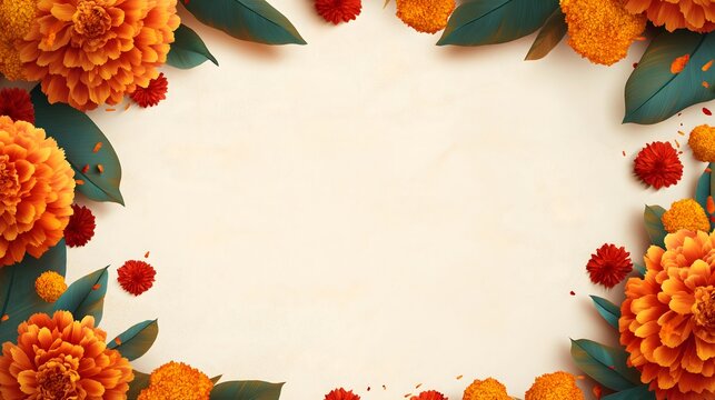 Happy Bathukamma Greetings, A festive Bathukamma greeting card design featuring vibrant marigold flowers and lush green leaves.