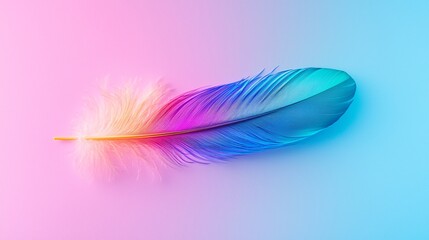 Obraz premium Vibrant Iridescent Feather on Rainbow Gradient Background â€“ Natural Beauty and Intricate Details