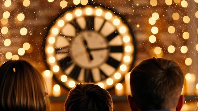 Friends joyfully await the New Year, watching the clock strike midnight under sparkling lights