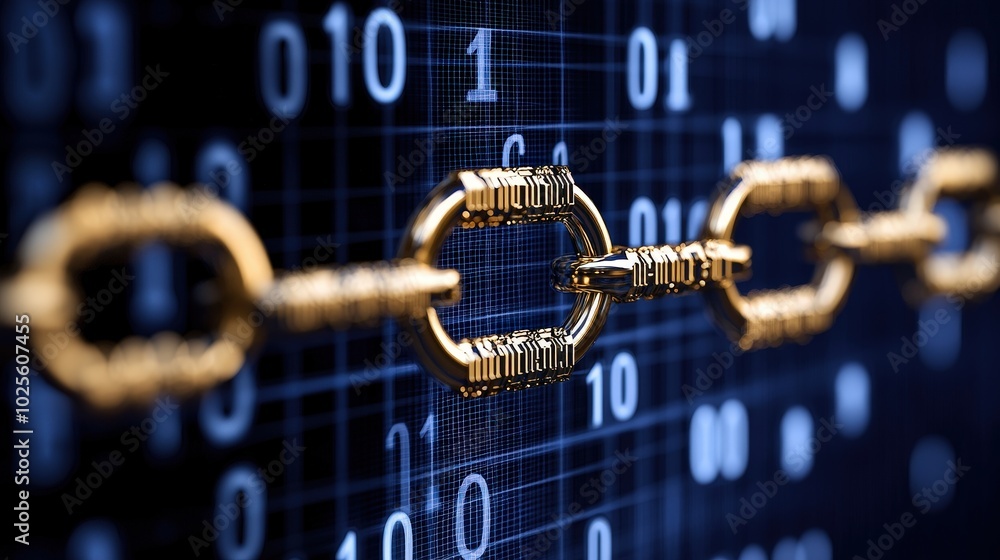 Poster golden chain link on digital grid cyber security network data protection concept