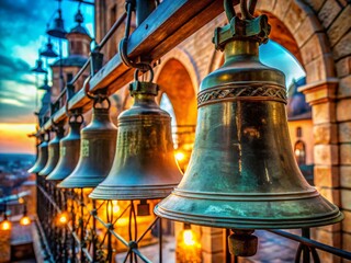 Fototapeta premium Large Bronze Church Bells Hanging in a Tower with Beautiful Patina and Historical Significance for Architectural