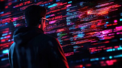 A silhouette of a person gazing at vibrant digital code, representing technology, data, and innovation in a futuristic setting.