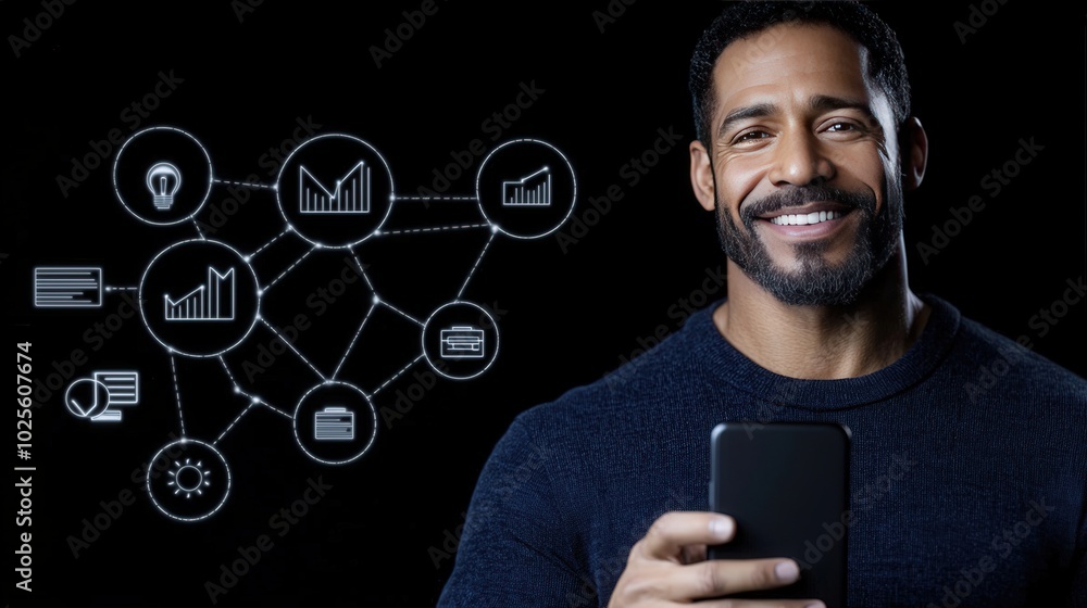Poster smiling man using smartphone with connected technology icons