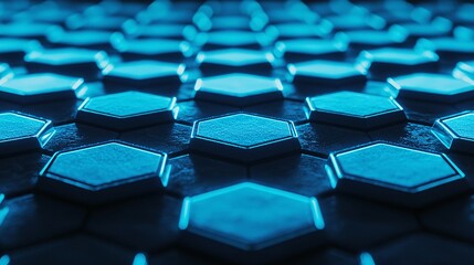 Fototapeta premium Illuminating Neon Blue Hexagons on Minimalist Black Surface in High-Tech Studio