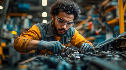 mechanic working diligently on a car in a busy garage. The mechanic is wearing a grease-stained uniform, with tools in hand, focused on fixing