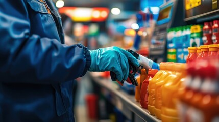 A person in gloves sprays cleaning solution on condiment bottles in a store aisle.