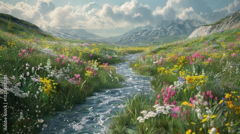 Wall mural Serene Stream in Lush Flower Meadow Landscape