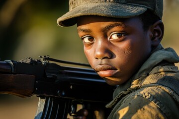 Child soldier with rifle, with copy space