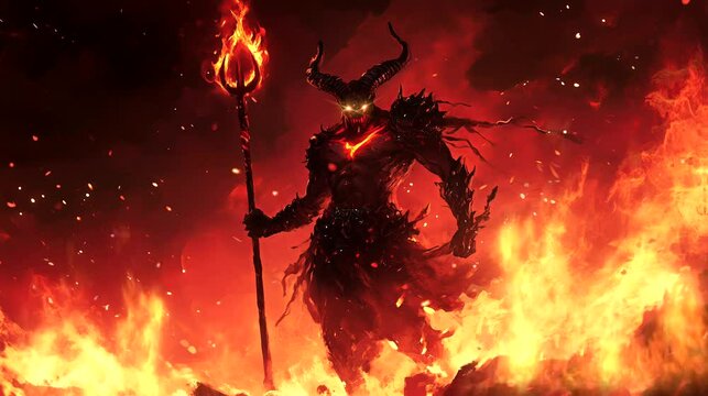 A towering demon with glowing eyes, massive horns, and a fiery trident, engulfed in flames, exudes terrifying power. Looping 4k video animation background