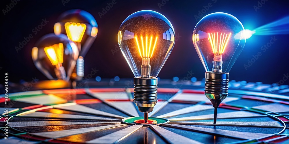 Poster light bulb and darts on dartboard symbolizing problem solving and business development keys to succe