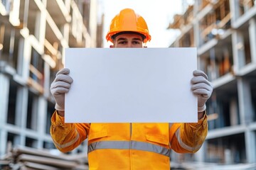 Construction worker holding blank safety sign, with copy space