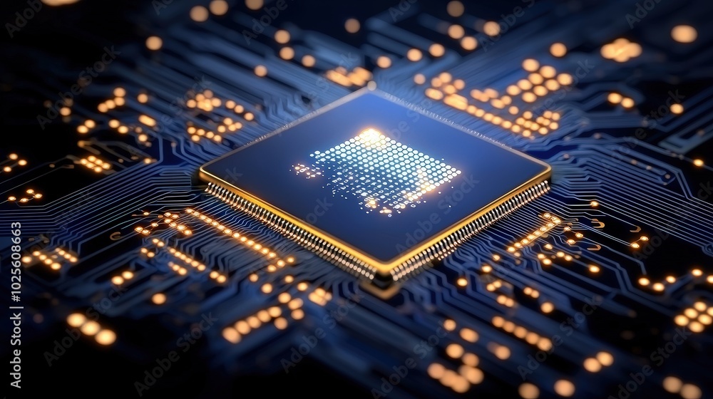 Poster close up of a computer chip on a circuit board with glowing lights
