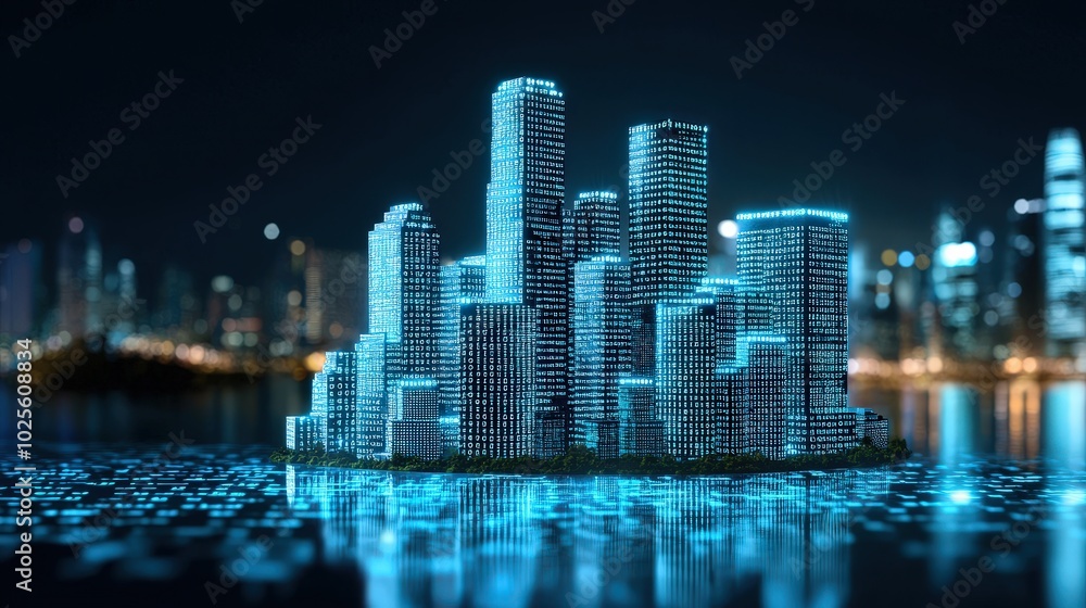 Poster futuristic cityscape with digital data and binary code