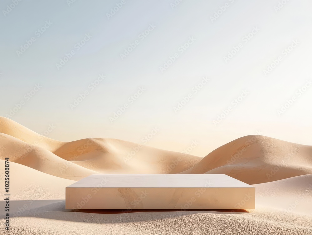 Poster Geometric platform with sharp lines hovering in a dreamy, soft toned desert, surreal and minimalist