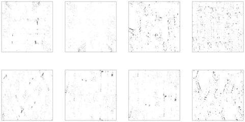 Grunge overlay textures with dust grain isolated on white background. Set of vector paint brush stroke, ink splash and grungy decoration elements for social