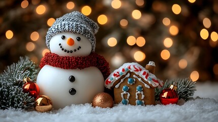 Obraz premium Charming Cartoonish Snowman with Gingerbread House