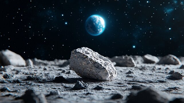 Ethereal Encounter: Meteorite on Lunar Landscape with Earth Viewed from Afar