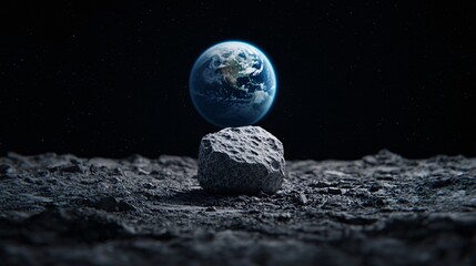 Lone Meteorite on Lunar Landscape with Earth in Background