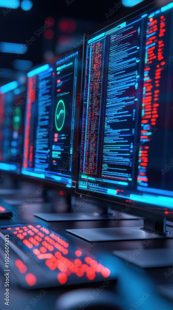 Poster craft a photorealistic rendering of a cybersecurity setting, showcasing compliance checks through vi