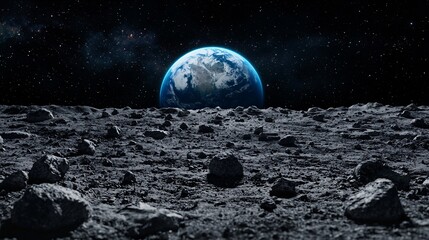 Celestial Beauty Amidst the Moon's Terrain - Lunar Rock Formation with Meteorites and Earth's Glow in Distance