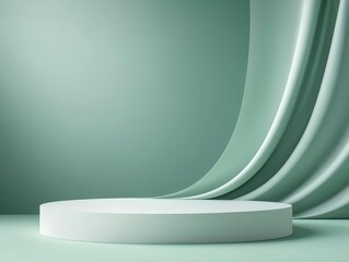 Abstract geometric platform with green fabric, soft lighting, surreal and minimalist concept