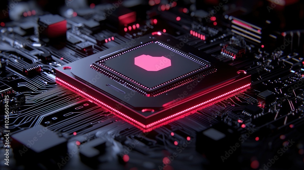 Poster closeup of cpu processor chip on motherboard with red glowing lights