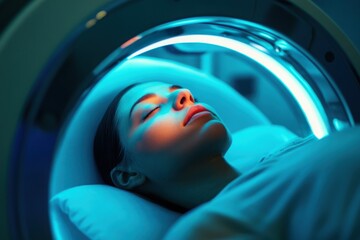 Cryogenic sleep chamber with frosted glass, with copy space